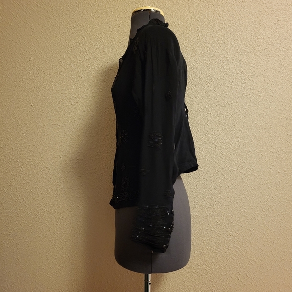 Papillon Sheer Black Beaded & Sequined Button-Up Top Size Large - Picture 2 of 13